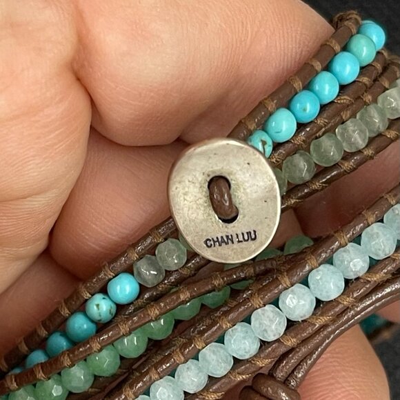 Chan Luu 5 wrap brown leather bracelet aquamarine turquoise blue faceted stones - Picture 4 of 6